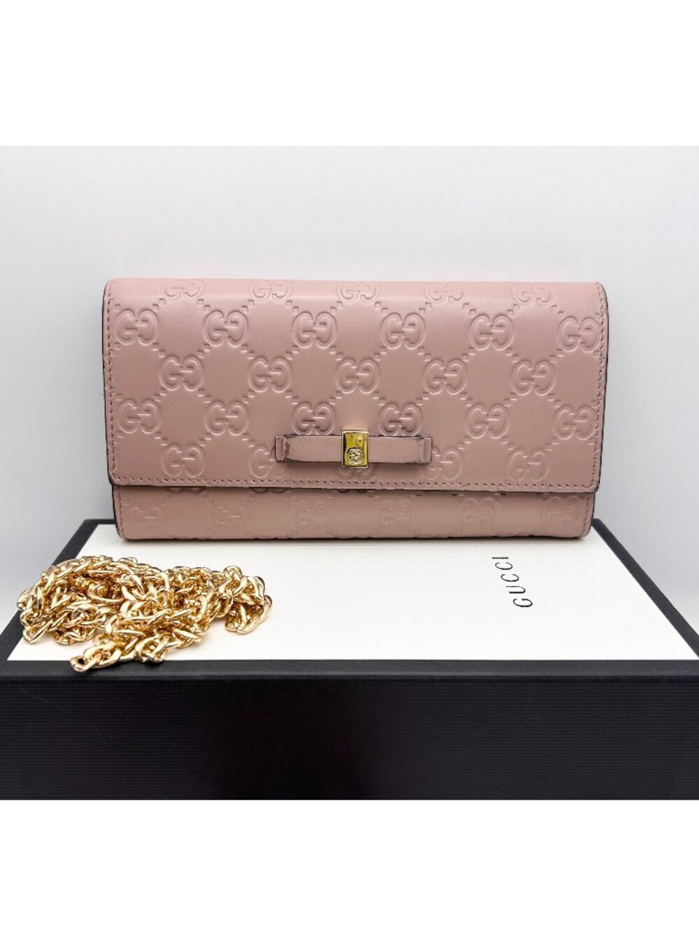 Gucci Guccissima Bow Continental Wallet in Rose Beige with Box and Chain